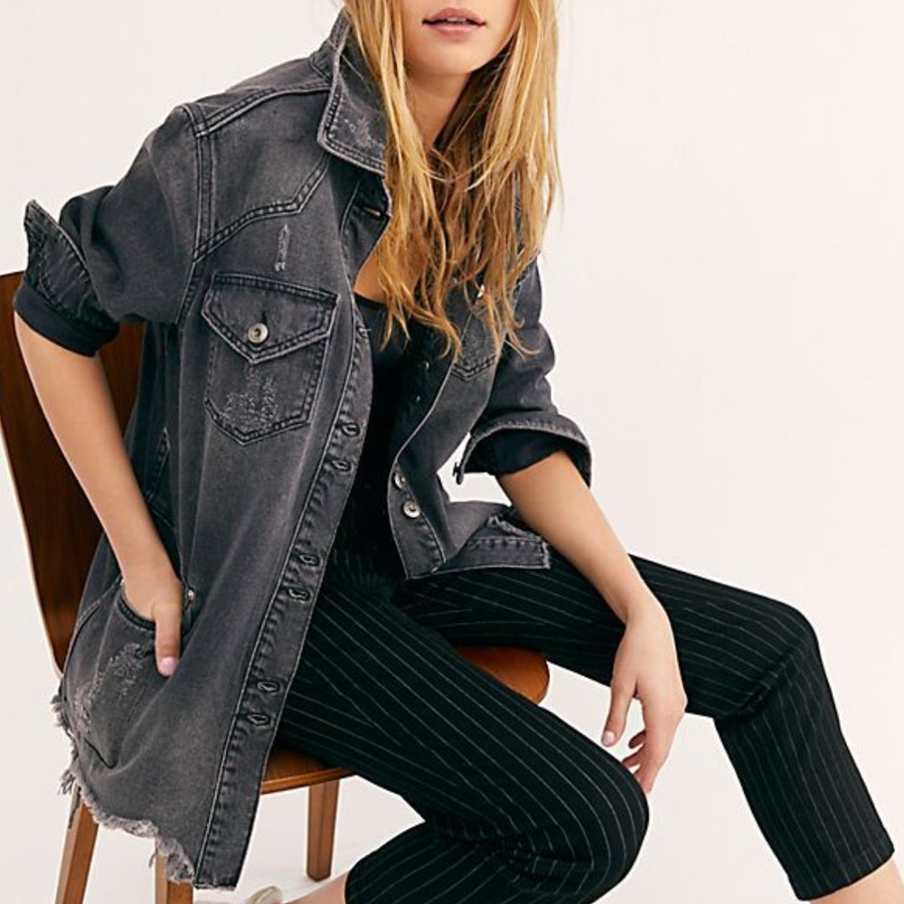 Free People Moonchild Distressed Denim Jean Shirt Jacket Shacket
